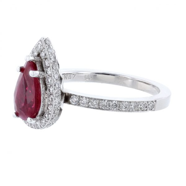 14K White Gold Pear Ruby Diamond Ring