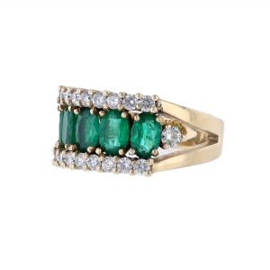 14K Yellow Gold Oval Emeralds Diamond Ring