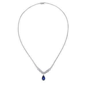 Blue Sapphire Drop Diamond Necklace, Certified