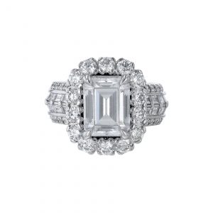Round Diamond Halo Baguette Accented Ring
