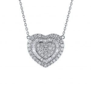 Round Baguette Cluster Diamond Heart Necklace