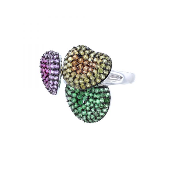 Triple Heart Multi Sapphire & Green Garnet Ring