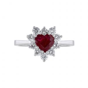 Burma Ruby Diamond Halo Heart Ring