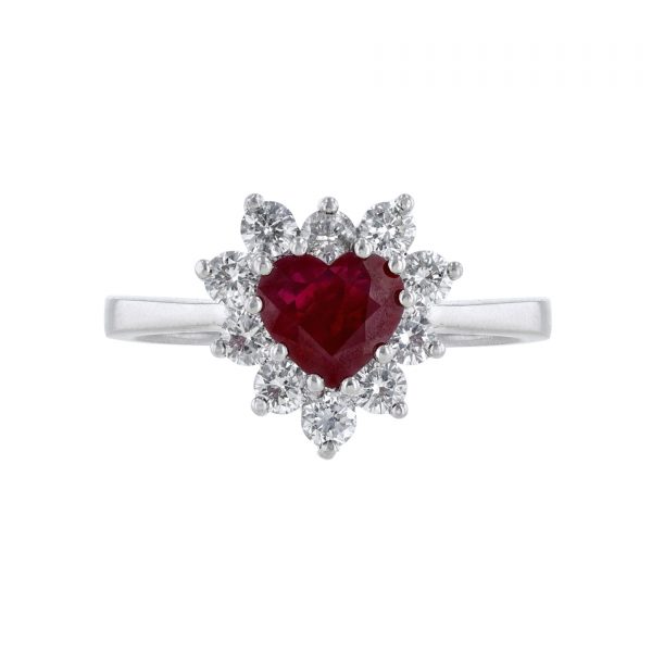 Burma Ruby Diamond Halo Heart Ring