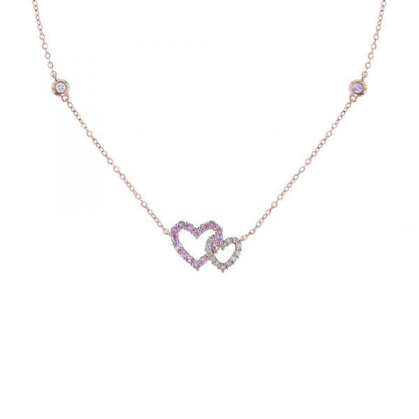 Double Heart Station Necklace, Pink Sapphire