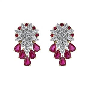 Diamond Floral Ruby Accent Drops Earrings
