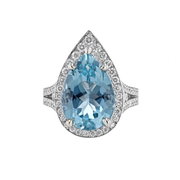 Pear Shape Aquamarine Diamond Halo Ring