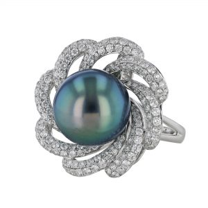 Blue Grey South Sea Pearl Diamond Floral Ring