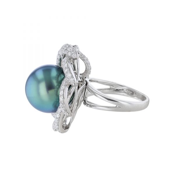 Blue Grey South Sea Pearl Diamond Floral Ring