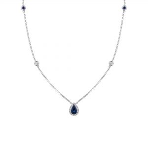 Pear Blue Sapphire with Diamond Halo Necklace