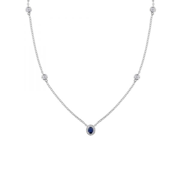 Oval Blue Sapphire with Diamond Halo Necklace