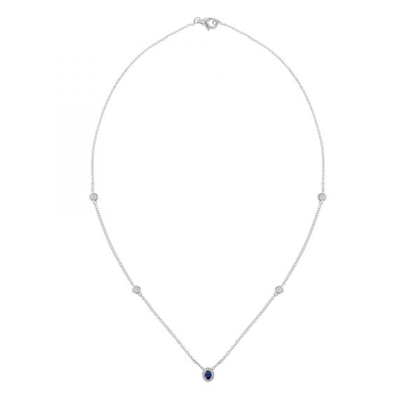 Oval Blue Sapphire with Diamond Halo Necklace