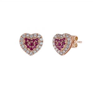 Heart Diamond Halo Stud Earrings, Ruby