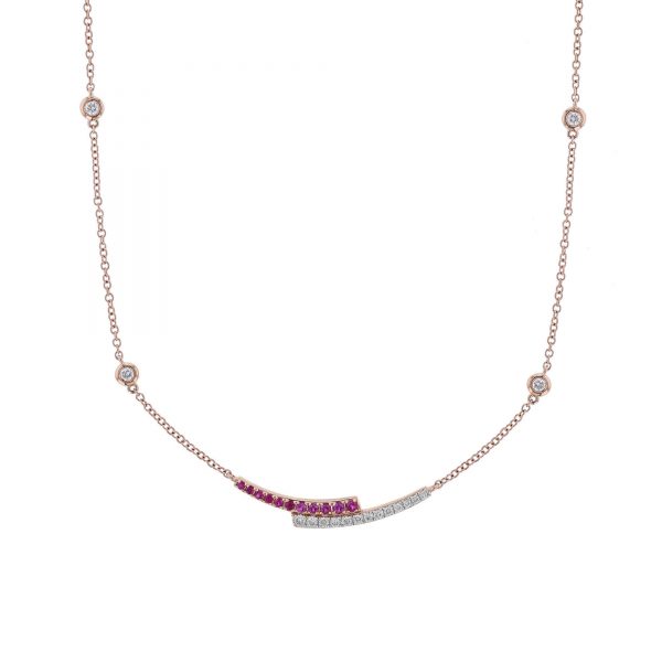 Bypass Curve Bar Ruby Diamond Necklace, Mini