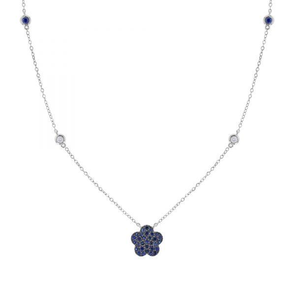 Blue Sapphire Flower Pendant Necklace