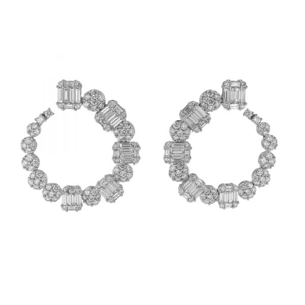 Baguette Round Diamond Bypass Circle Earrings
