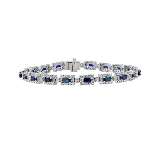 Baguette Blue Sapphire Round Diamond Bracelet