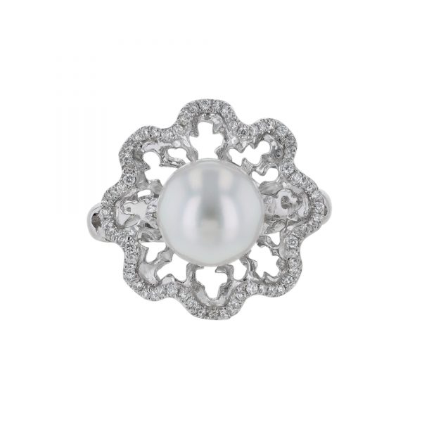 Cultured Pearl Diamond Cutout Floral Ring