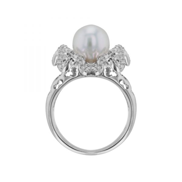 Cultured Pearl Diamond Cutout Floral Ring