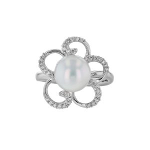 Cultured Pearl Diamond Swirl Floral Ring