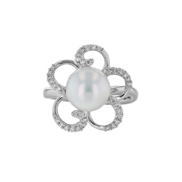Cultured Pearl Diamond Swirl Floral Ring