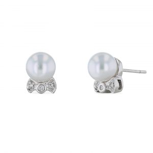 Cultured Pearl Diamond Bow Bezel Earrings