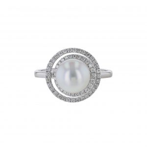 Cultured Pearl Diamond Swirl Halo Ring