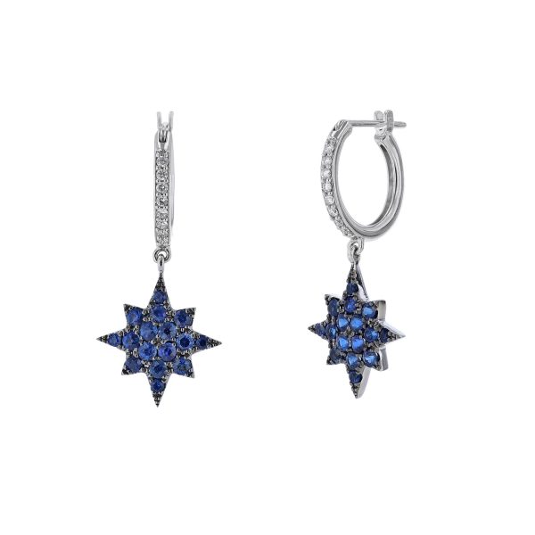 Blue Sapphire Star Drops Diamond Huggie Hoop Earrings, 1.13ct.