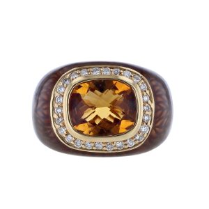 Citrine Diamond Chocolate Brown Enamel Ring