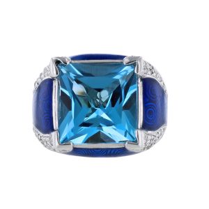 Blue Topaz Diamond Blue Enamel Ring, 12.06ct.